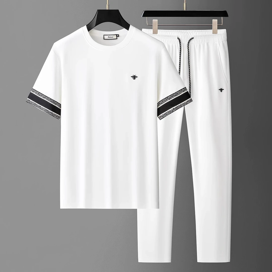 夏季时尚云感冰丝面膜空气层莫代尔撞色织带男士短袖休闲运动套装