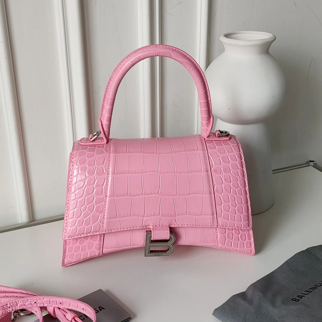 95新 Balenciaga/巴黎世家 粉色鳄鱼压纹沙漏S手提斜挎包47796