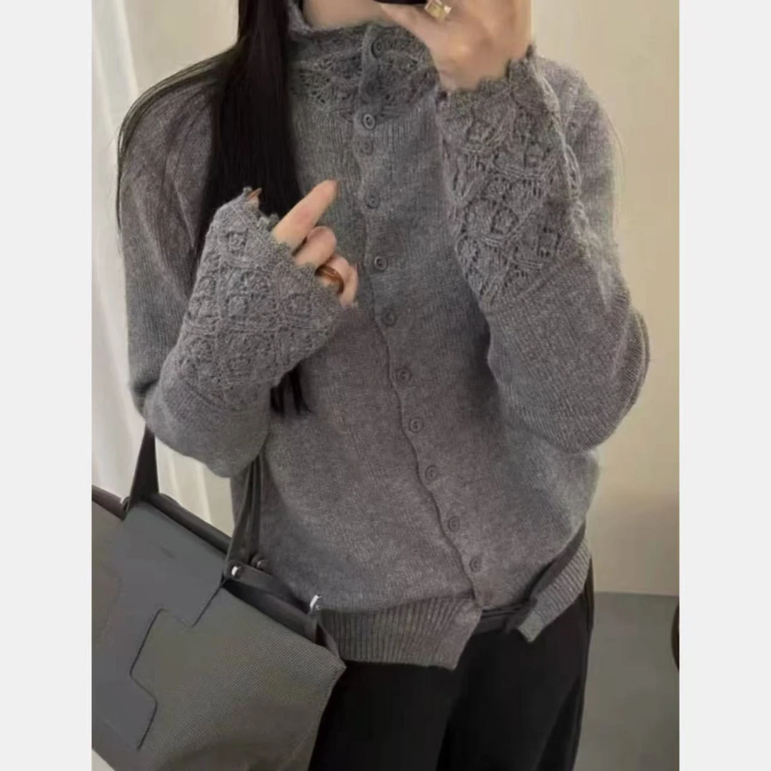 【雾织】北欧极简风半高领镂空精致百搭针织开衫外套2327