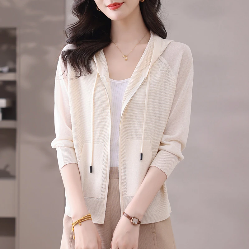 连帽天丝针织衫开衫薄款女夏季妈妈外搭配吊带连衣裙子小披肩外套