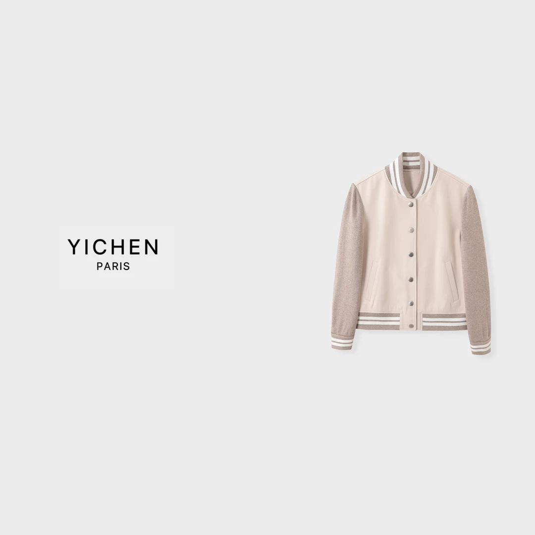 YC 米杏色 B C 针织拼接羊毛棒球服夹克外套-1857