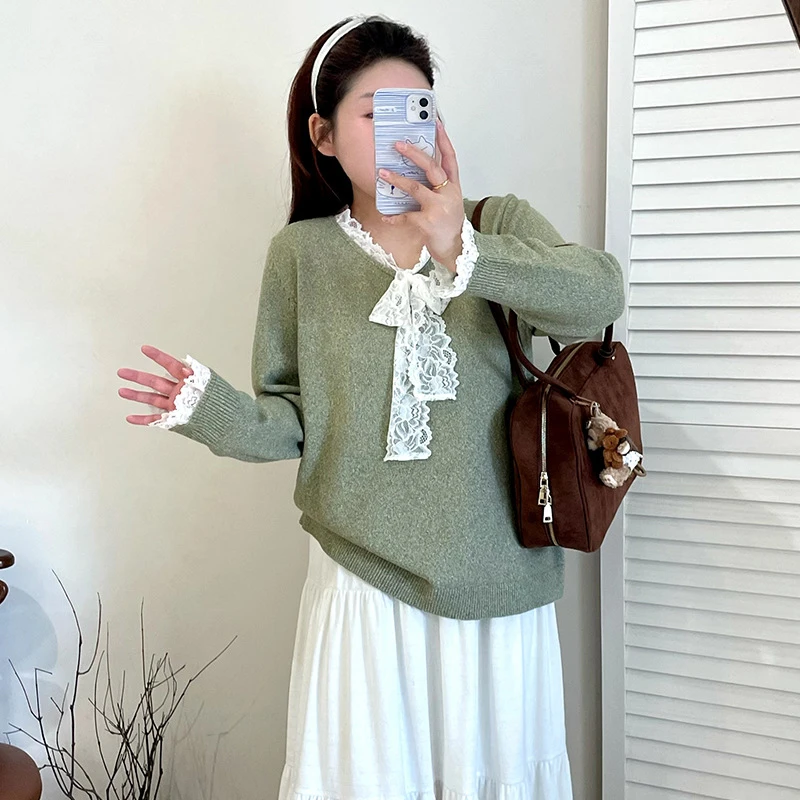【涵胖胖】清*感花边v领绑带上衣2025冬胖mm气质针织衫女毛衣23121