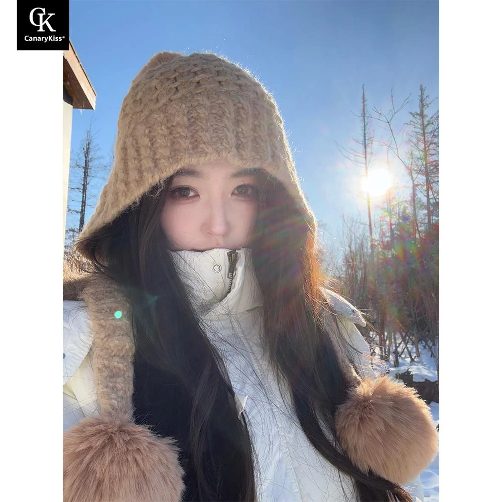 CanaryKiss帽子围巾一体秋冬户外毛线帽女加厚防风护耳保暖针织帽