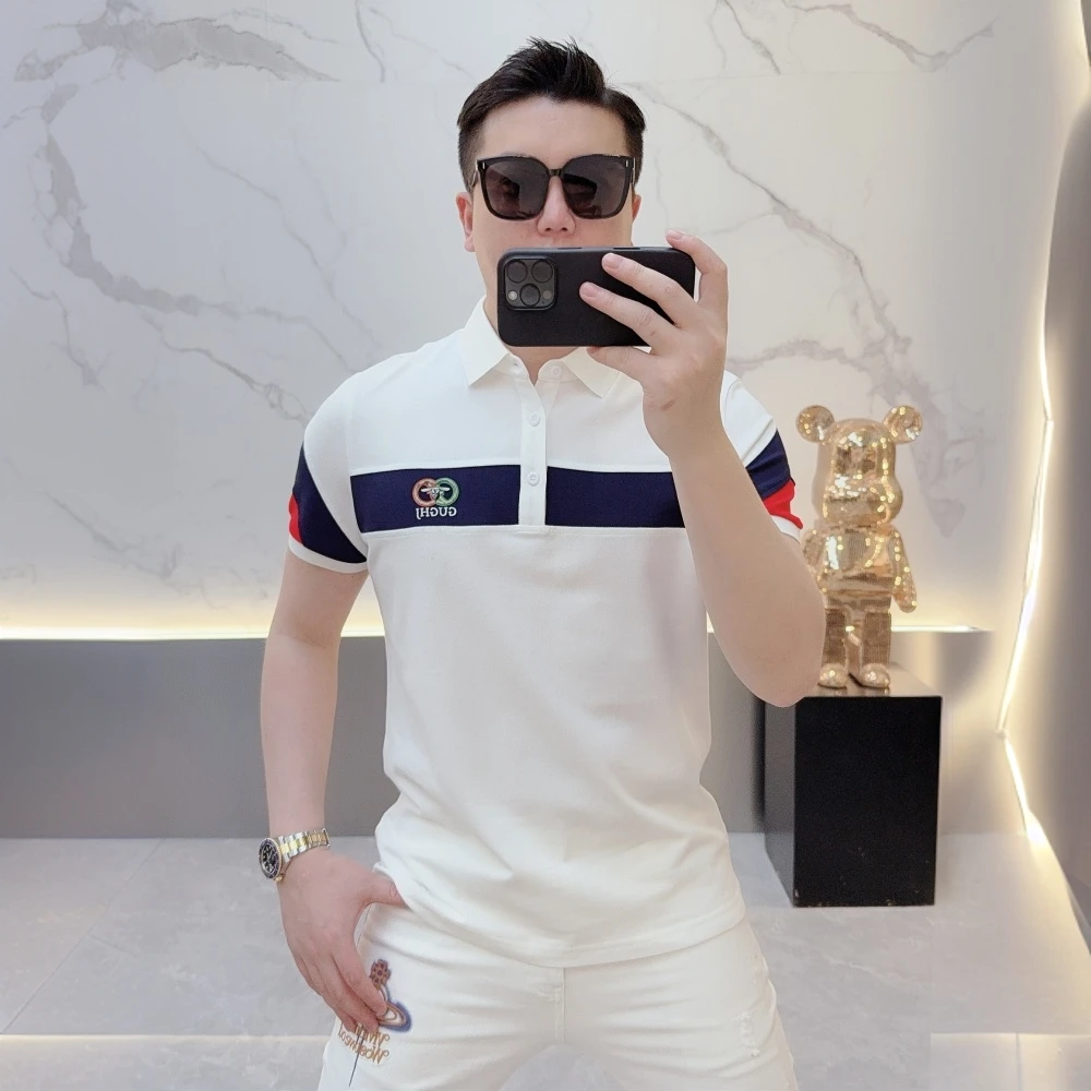 艾隆西隆比夏季潮流时尚徽章休闲百搭翻领纯棉短袖T恤潮男士短袖