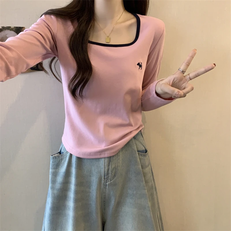 大码休闲方领打底衫女秋季纯色基础款百搭胖MM遮肚上衣藏肉13083