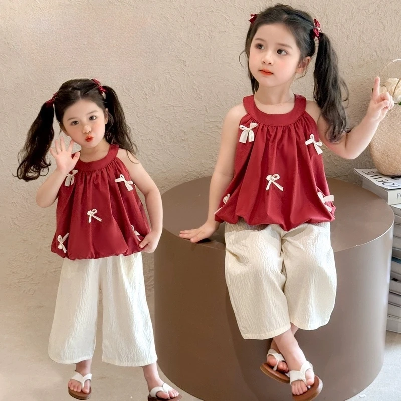 韩系女童夏装套装2025新款儿童洋气背心花苞蝴蝶结夏季背心两件套