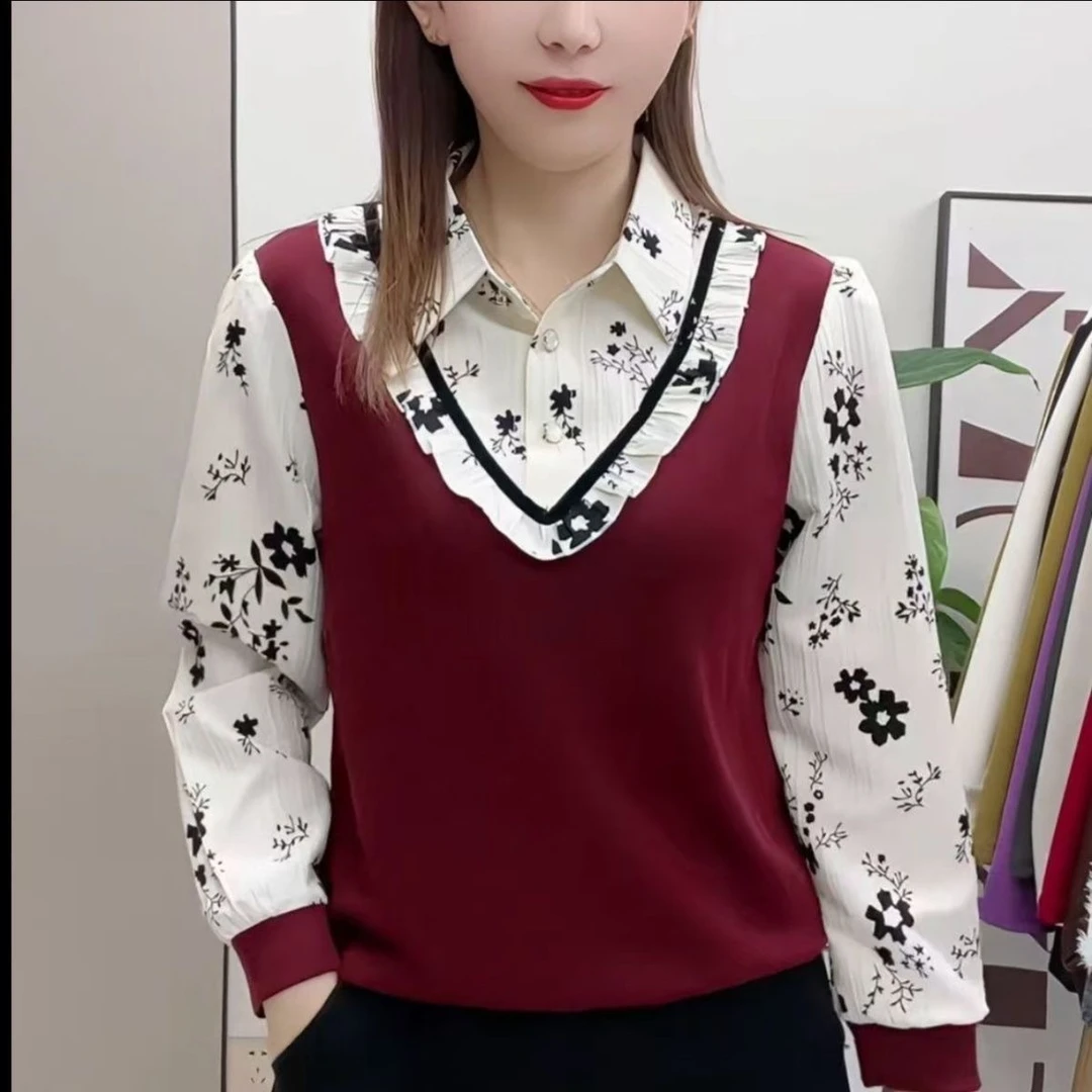 高档拼接假两件衬衫女早秋季洋气减龄碎花内搭衬衣气质polo领上衣
