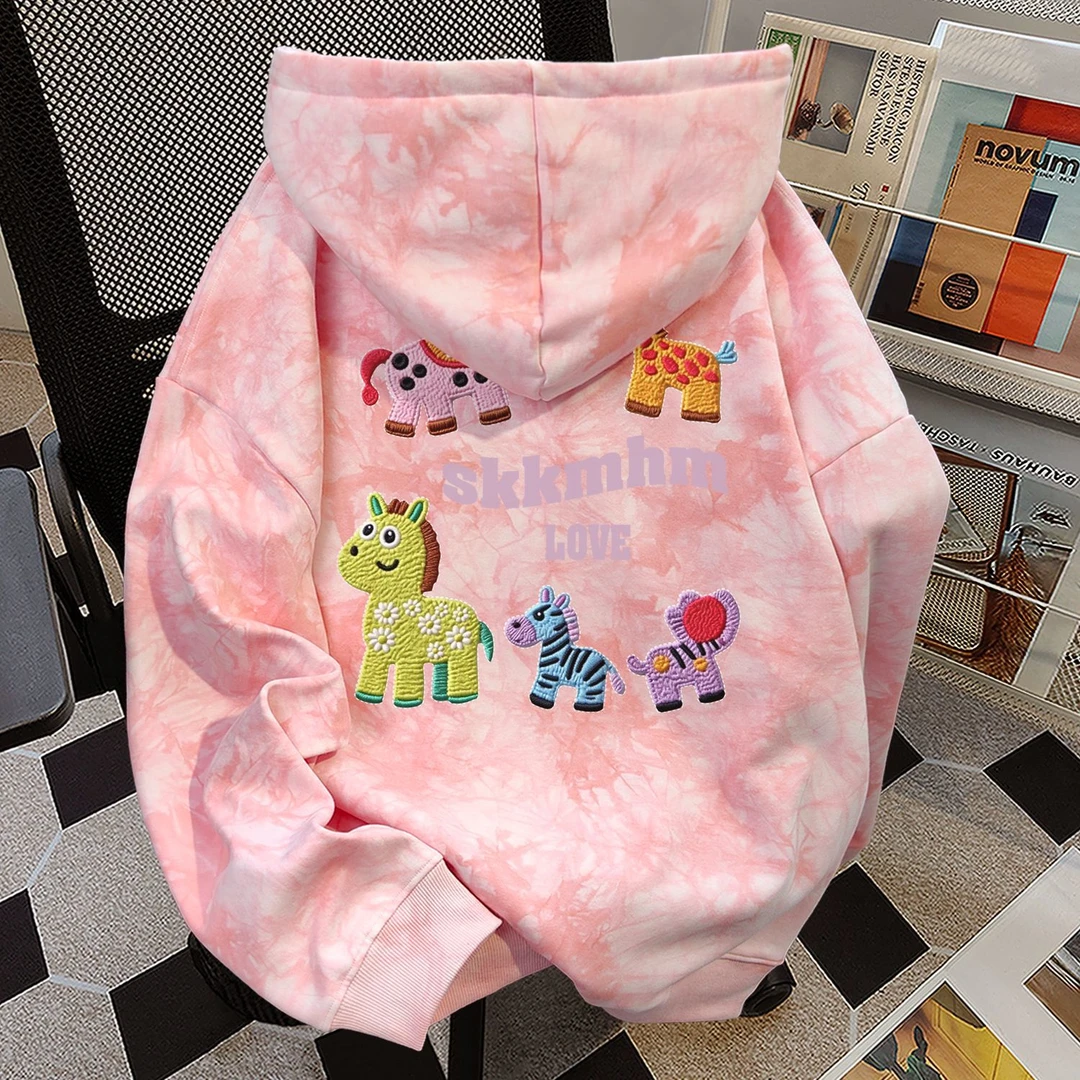 2025新款气质甜美扎染连帽卫衣秋冬季男女加绒加厚宽松显瘦上衣潮