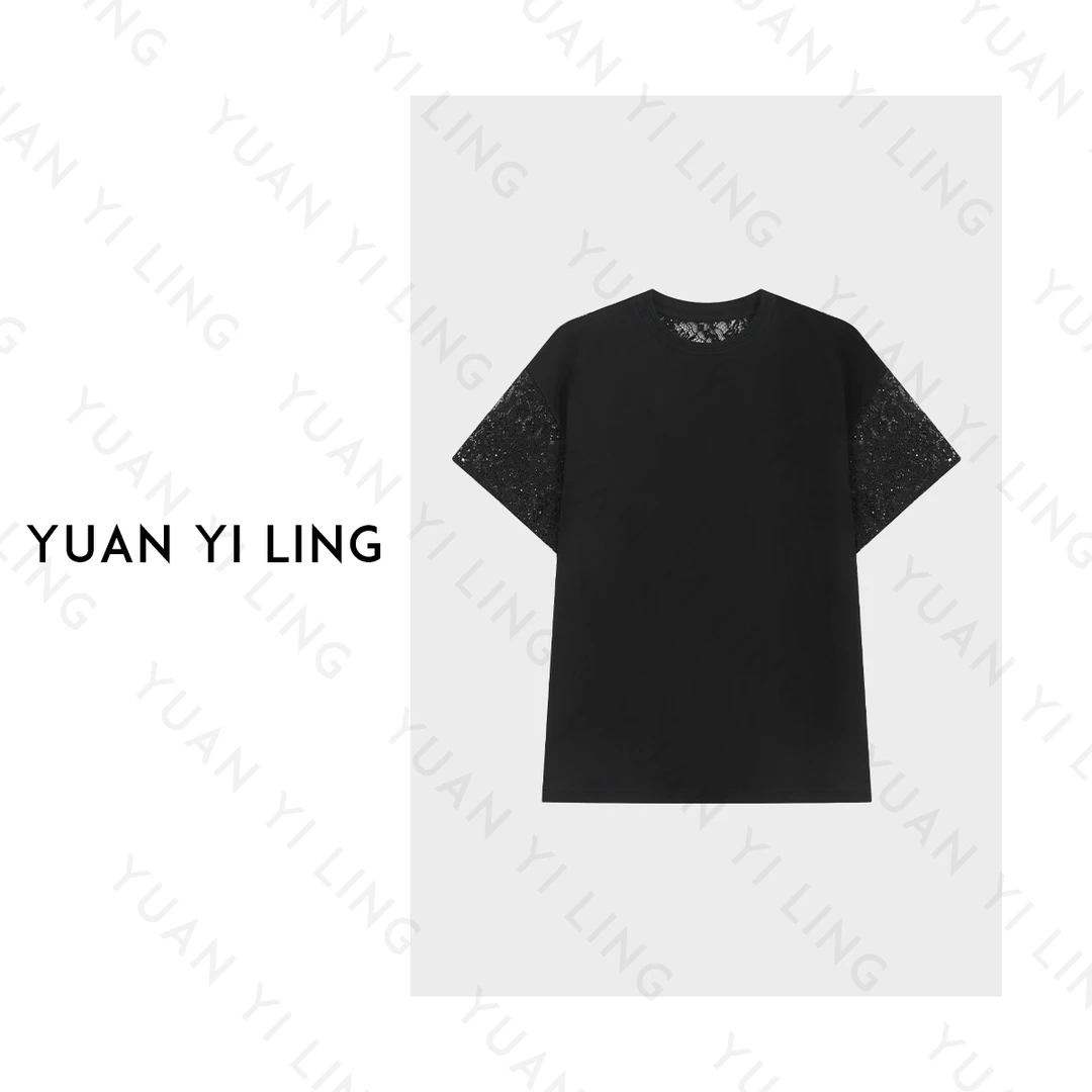 袁艺灵【蕾丝假日】25夏 季上新醋酸桑蚕丝时尚轻奢气质蕾丝拼袖T恤