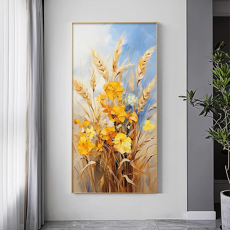 手绘玄关油画《丰收麦穗》抽象装饰画客厅沙发墙画竖版寓意好挂画