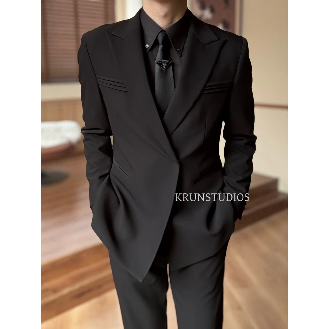【KRUN】春秋款潮流英伦风简约设计领百搭戗驳领西服男修身西裤套装