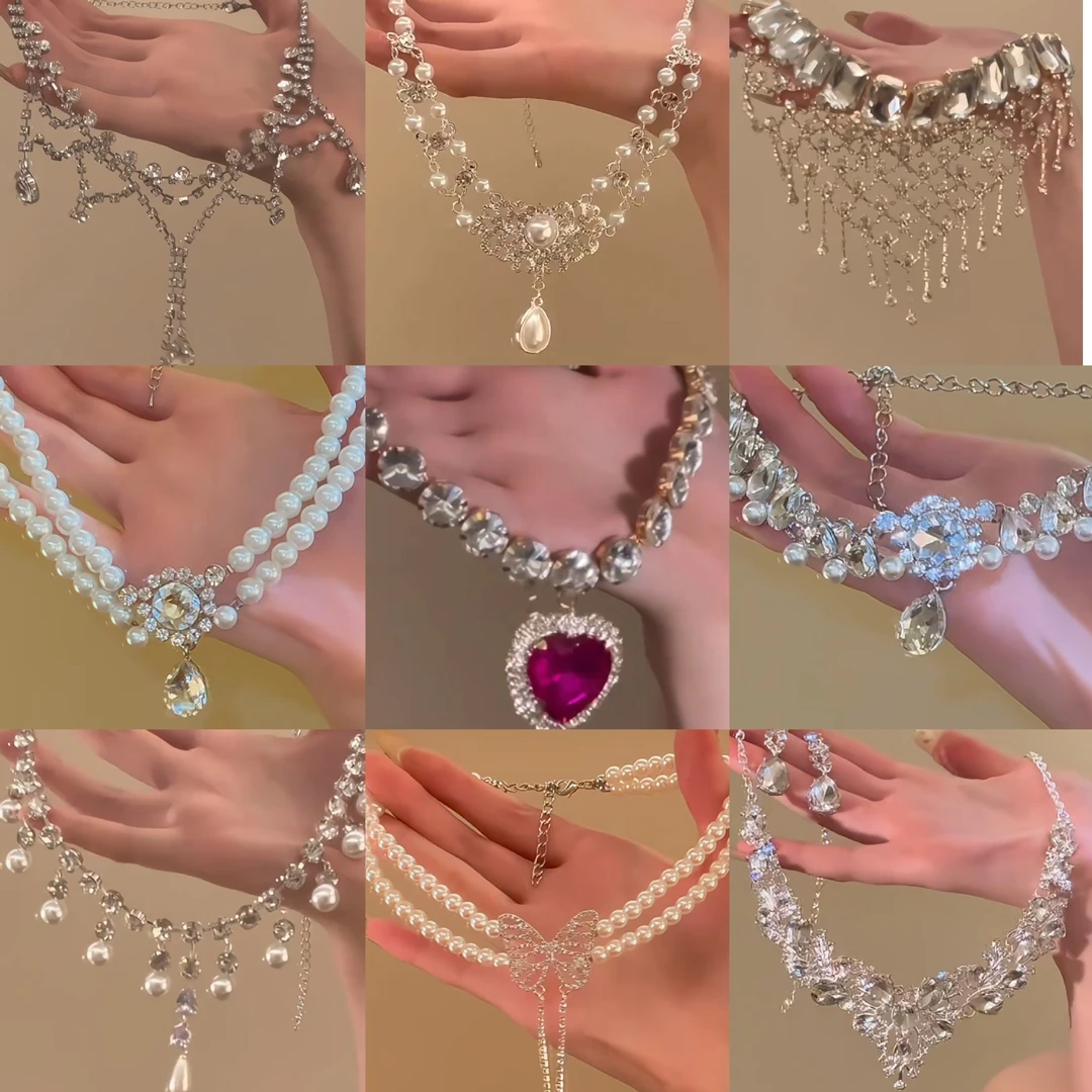 铜合金亚克力项链 镶钻花朵水滴吊坠珍珠项链女小众时尚设计锁骨