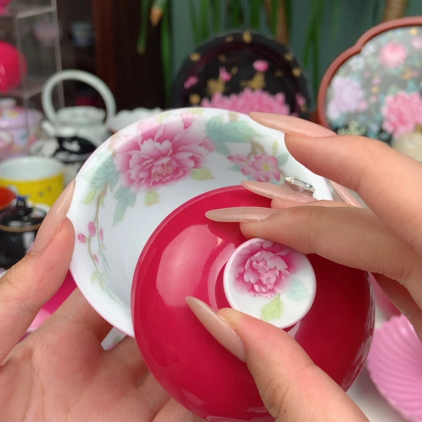 【闪购商品】小****?景德镇陶瓷内绘牡丹桃花盖碗