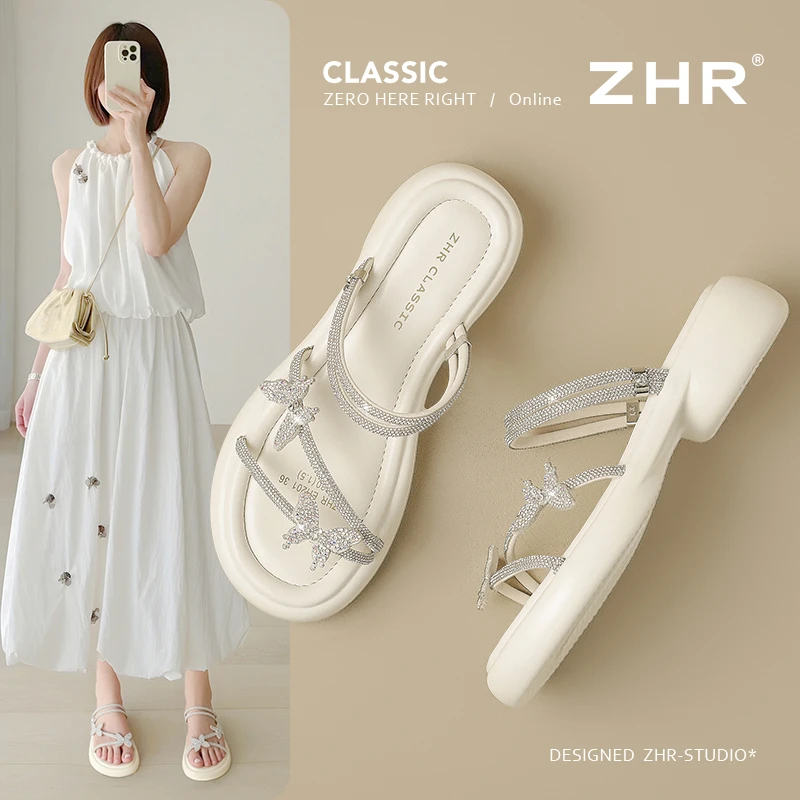ZHR外穿凉鞋拖鞋二合一2025夏季新款蝴蝶水钻仙女风百搭休闲女鞋