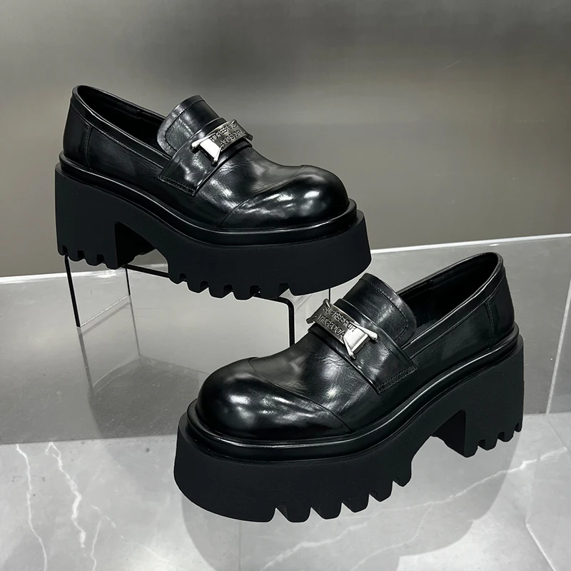 【左右华菲】8cm小个子显高显瘦真皮厚底乐福鞋2025秋季一脚蹬单鞋