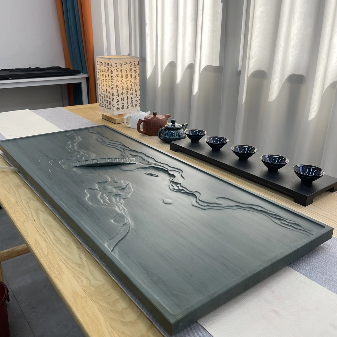 小桥流水天然石头茶盘立体浮雕排水式茶盘盘面专用茶台石茶台