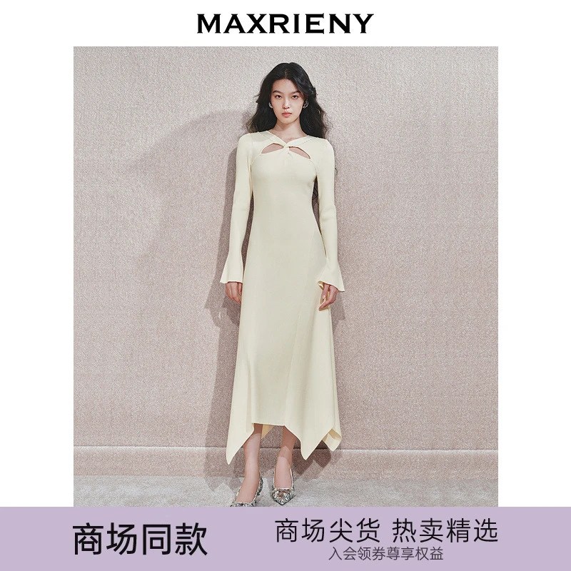 【商场同款】MAXRIENY精致优雅感镂空扭结针织连衣裙2024冬季新款