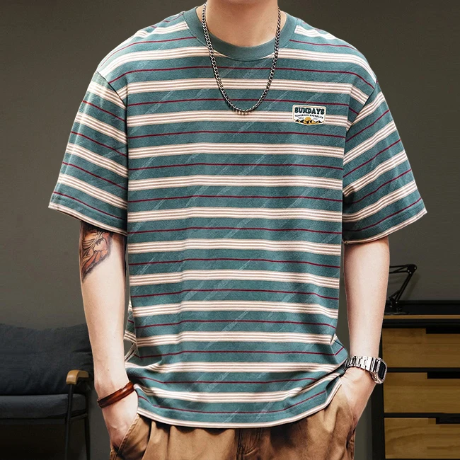 高端重磅260g拼色条纹短袖t恤男士夏季潮牌宽松美式纯棉半袖体恤T