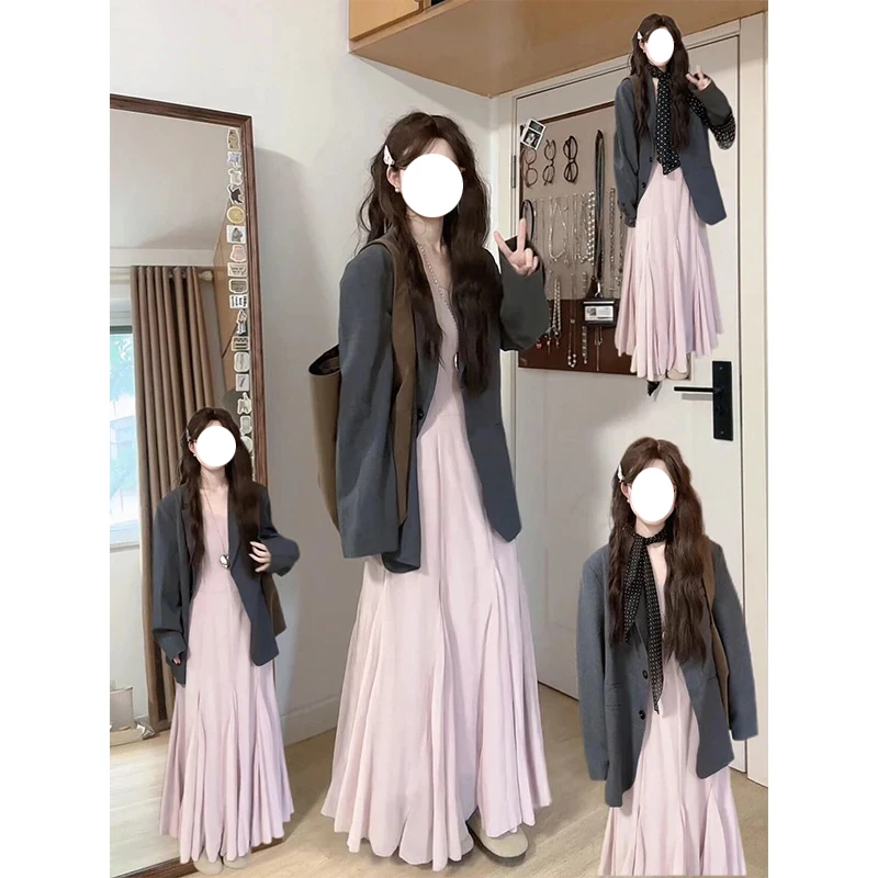 韩系高级感灰色长袖西装外套女内搭气质收腰显瘦吊带连衣裙套装潮