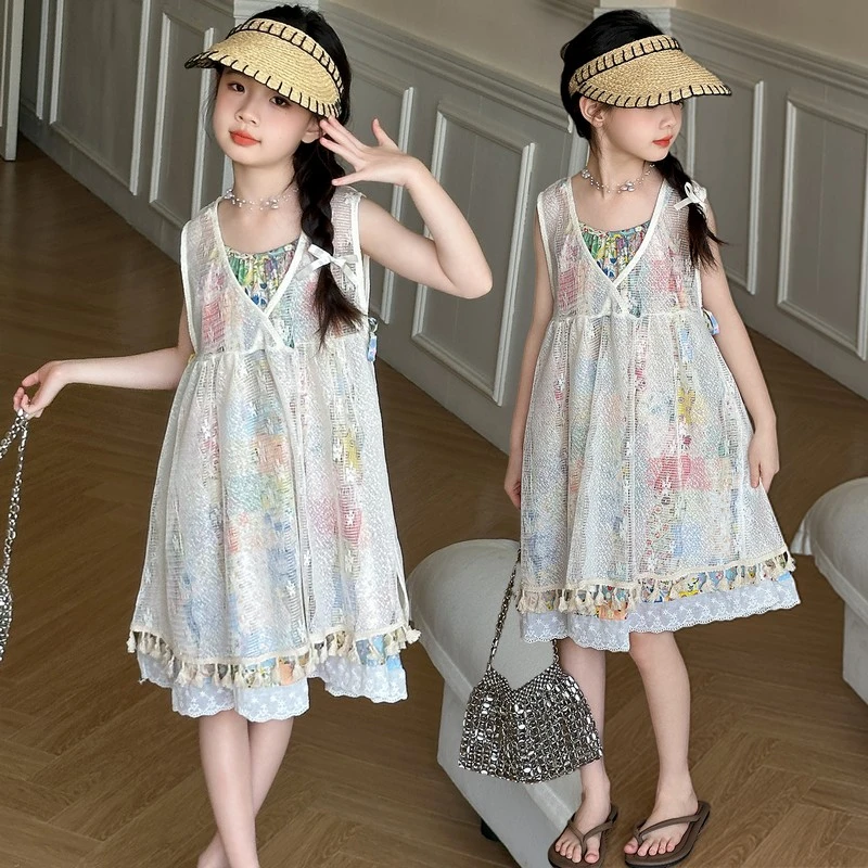 女童吊带背心裙两件套2025夏季新款中大儿童连衣裙蕾丝沙滩碎花裙