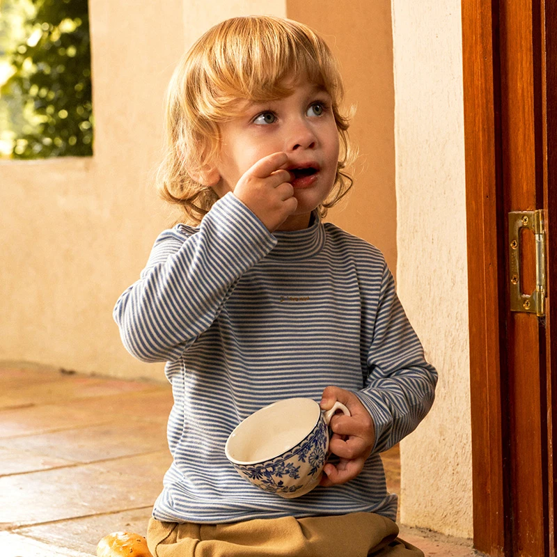 UCNOO与虫法式童装儿童加绒打底衫冬半高领条纹T恤