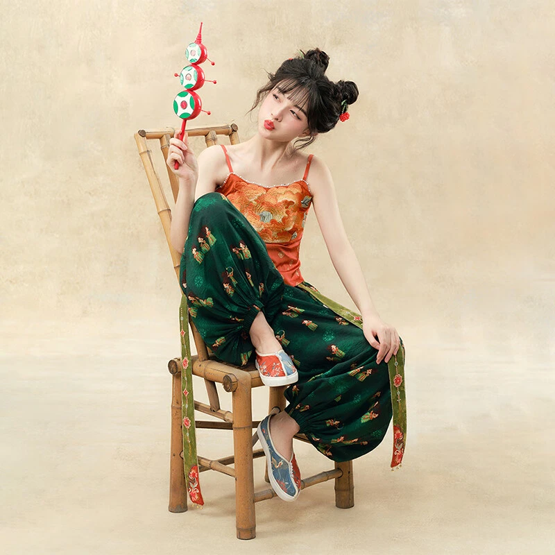 素萝原创 簪花仕女×踏云生漪 夏季国风刺绣复古休闲宽松灯笼裤女