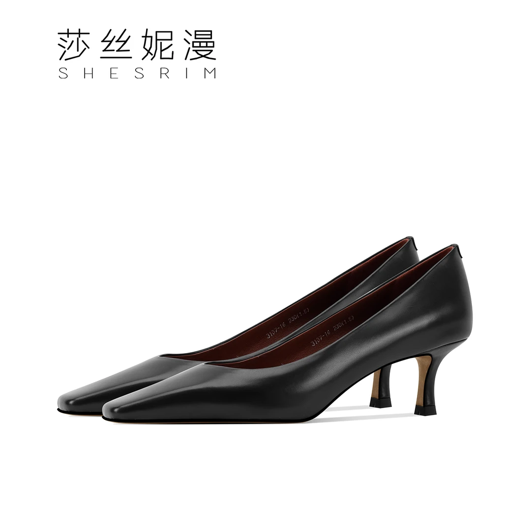 168-2025新款胎牛皮方头浅口细跟高跟鞋真皮女鞋单鞋交际鞋黑色