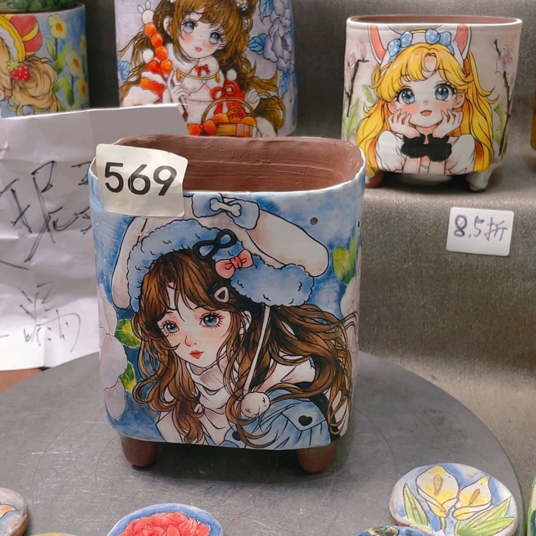 【闪购商品】瓷片天***肉手绘多肉花盆