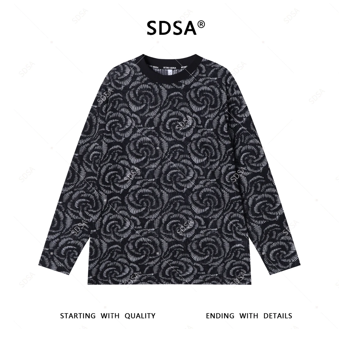SDSA秋季新款男士痞帅简约休闲满印花卉印花设计圆领长袖T恤宽松
