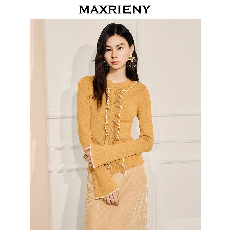 MAXRIENYmiu系奶奶衫25冬款羊毛混纺针织衫长袖上衣奶黄色针织衫