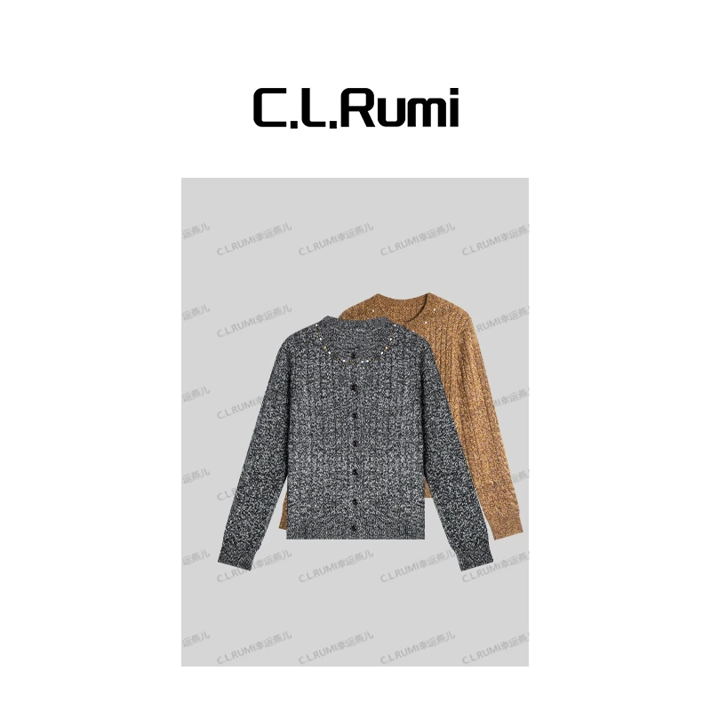 【rumi小店】“珍妮”25秋冬高克重宽松圆领领口钉珠绞花开衫7147ks