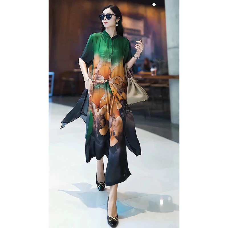 24新款时尚渐变印花套装气质复古显瘦大码女装文艺范旅游风妈妈装