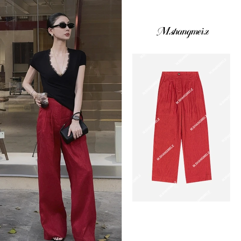 M.SHANGMEI.Z/沐熙【正红麻裤】美大哥高腰垂坠感直筒休闲裤X042348