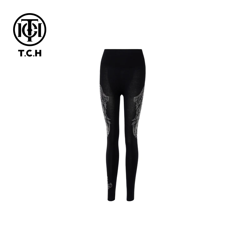 TCH轻奢烫钻工艺翅膀克罗心黑色裤子打底裤女T75A23E5003私服tch
