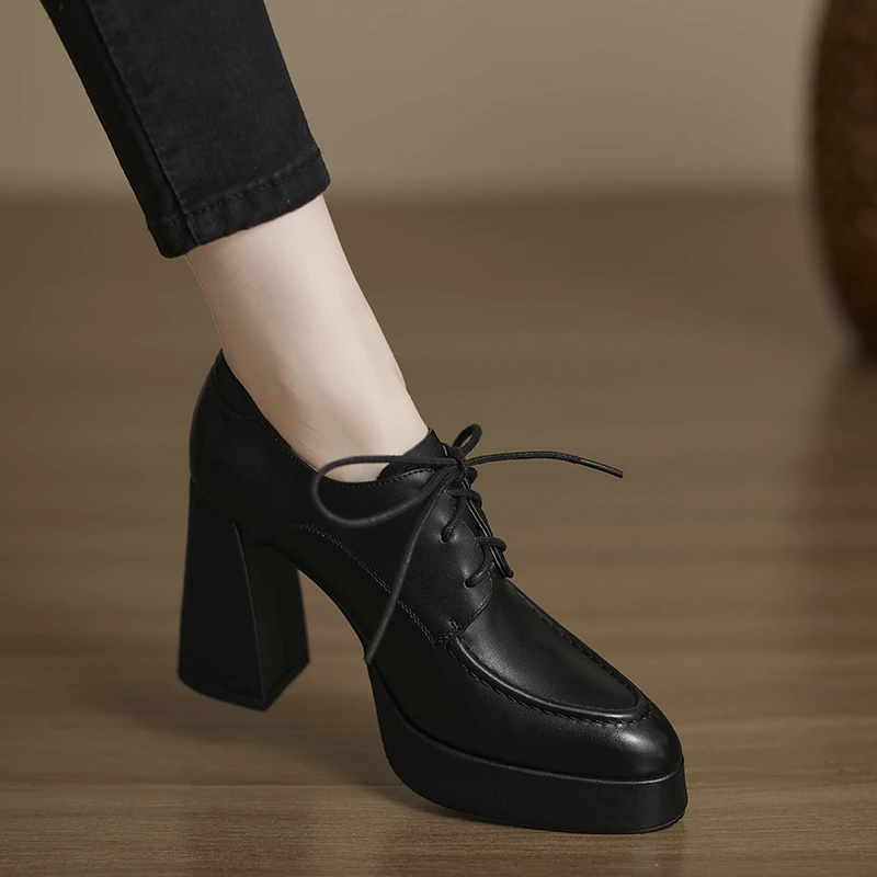 修悦手工女鞋粗跟9.5cm~新款牛皮深口单鞋黑色小皮鞋防水台高跟鞋