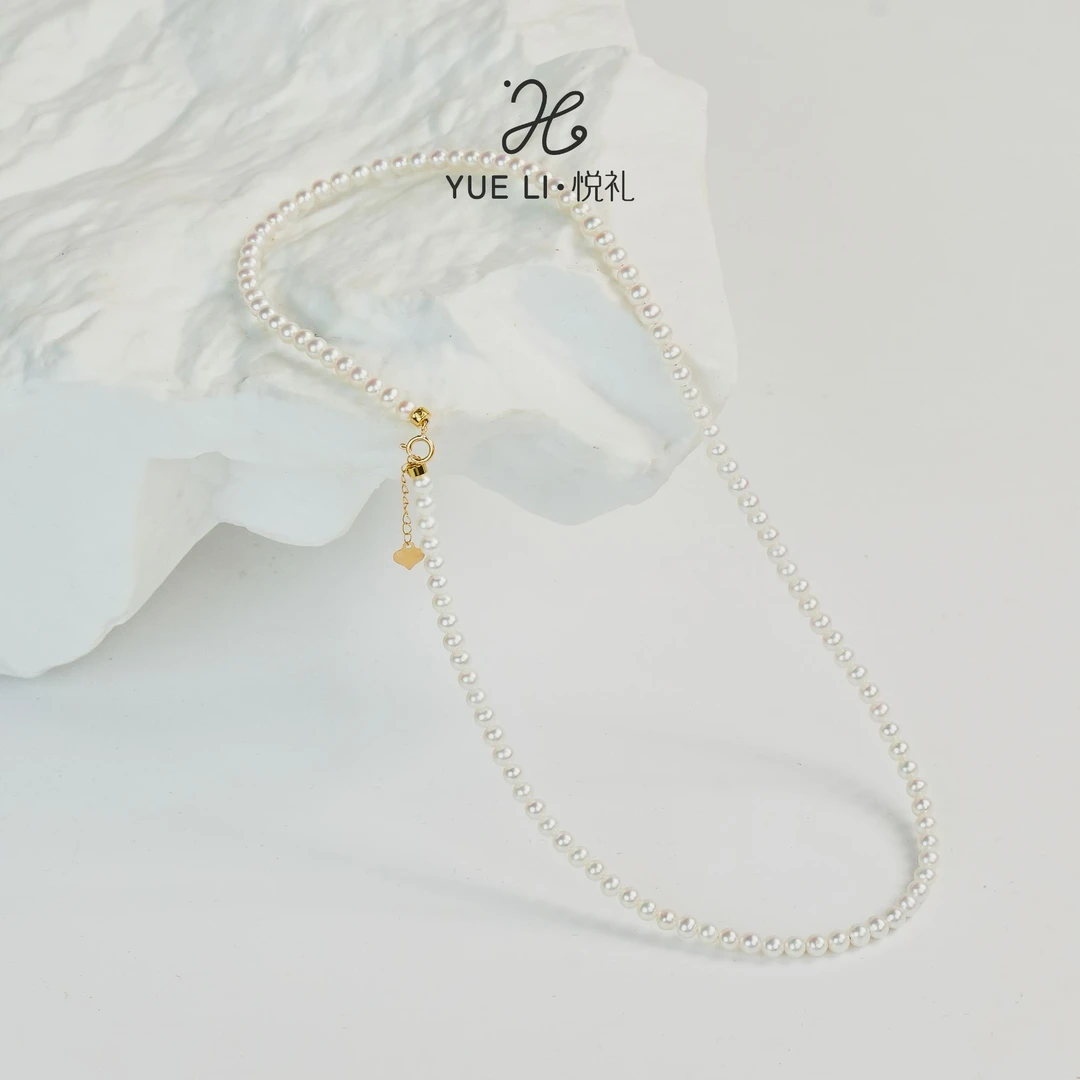 【悦礼】淡水有核小米珠3-4mm项链 18K金