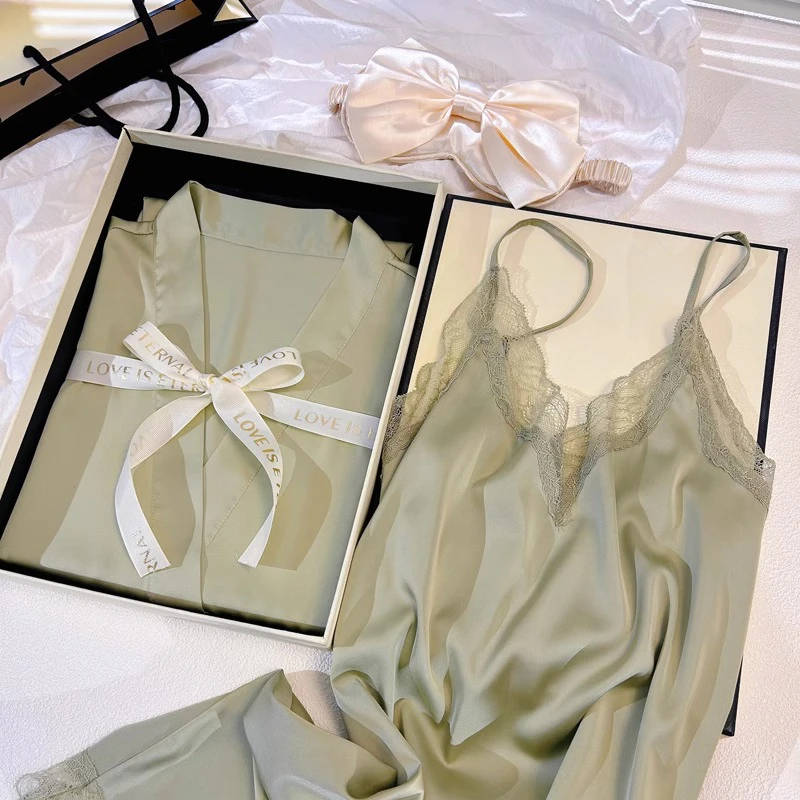 新款真丝性感吊带睡衣女夏季薄款带胸垫纯欲真丝丝绸睡裙睡袍套装