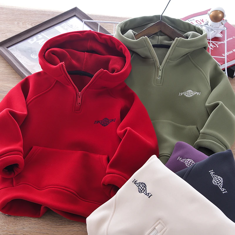 儿童冬季加绒风帽半拉链帽衫2025冬款时尚一体绒童装23D83