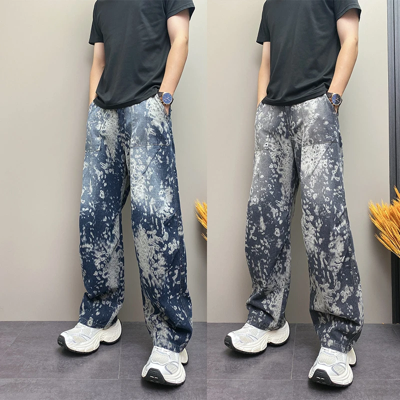 秋季新款涂鸦高街痞帅设计感休闲裤美式弯刀裤复古彩绘宽松牛仔裤