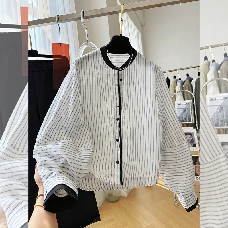 X4758 -洋气减龄条纹衬衫女春秋简约长袖设计感大码小众胖mm衬衣