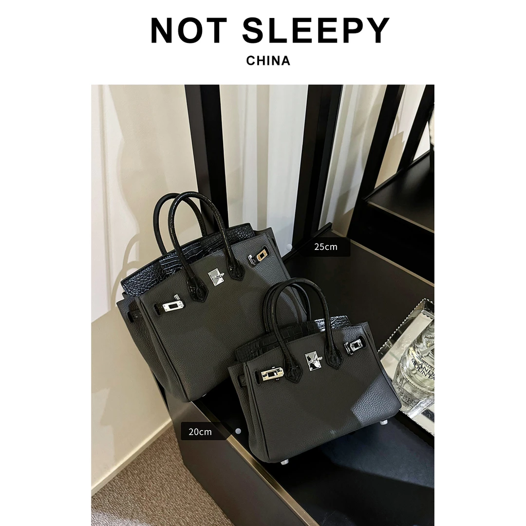 【不睡觉商店】铂金包迷你斜挎包女高级感黑色鳄鱼纹牛皮百搭手提包