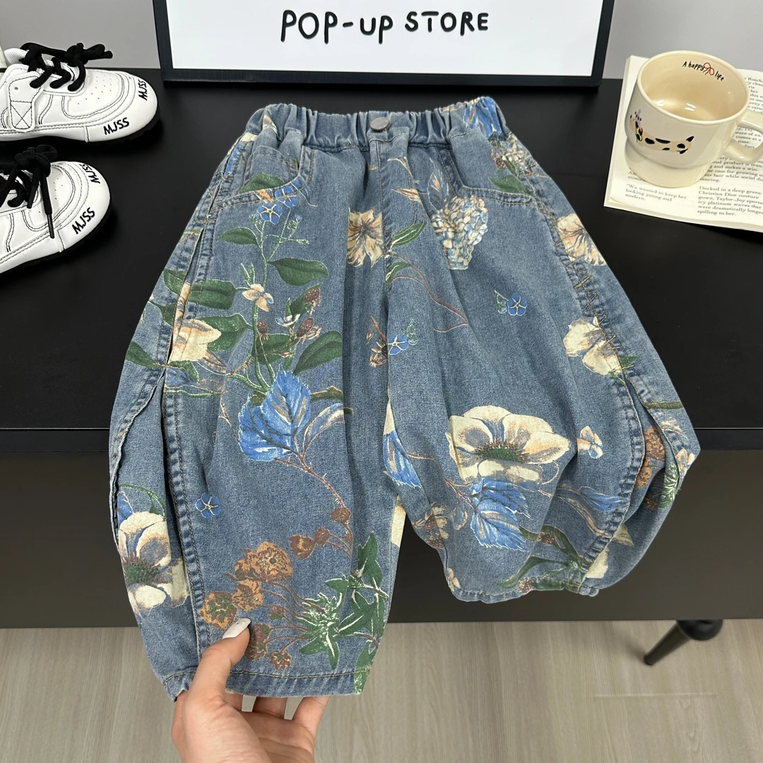 儿童牛仔裤2025夏季新款男童裤子欧若风韩版时髦百搭满印花牛仔裤