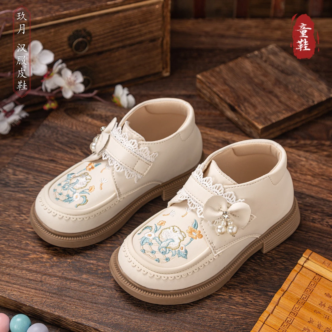 布艺班【玖月】女童汉服鞋春秋新中式古装国风儿童配马面裙绣花皮鞋