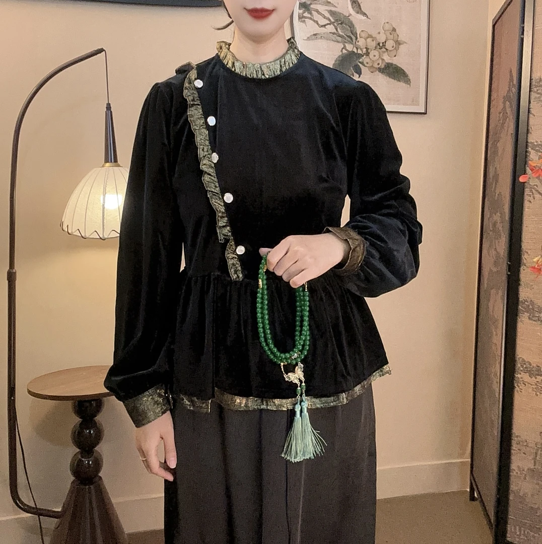 【瑞锦】新款荷叶袖长袖荷叶领常规款百搭T恤宫廷中式时尚设计师660