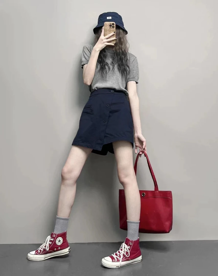 2025夏季新款韩系穿搭休闲百搭T恤上衣高腰显瘦不规则阔腿裙裤女