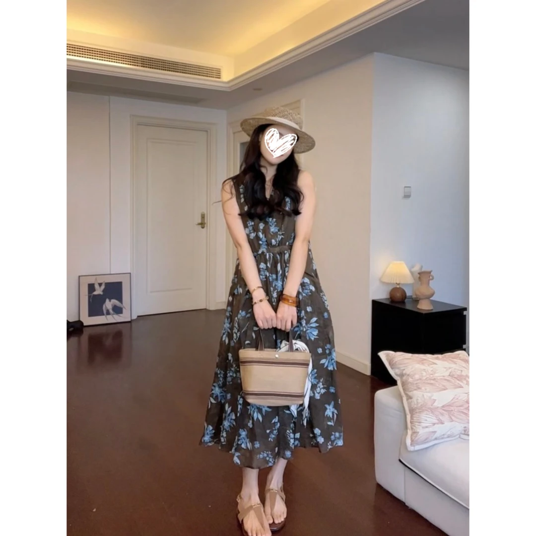 夏季新款复古气质显瘦时尚裙子长款V领连衣裙碎花裙显瘦