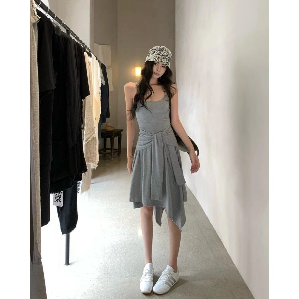 法式复古辣妹时髦绑带收腰显瘦不规则假两件工字吊带背心连衣裙女