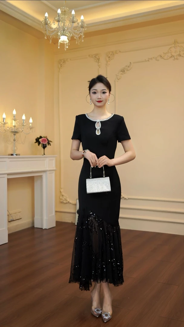 夏季修身鱼尾裙连衣裙时尚长裙长款旗袍优雅包臀裙轻奢裙子51251