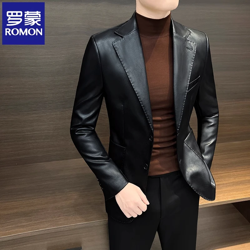 Romon/罗蒙海宁高档西装皮衣外套男士新款春秋痞帅休闲机车皮夹克
