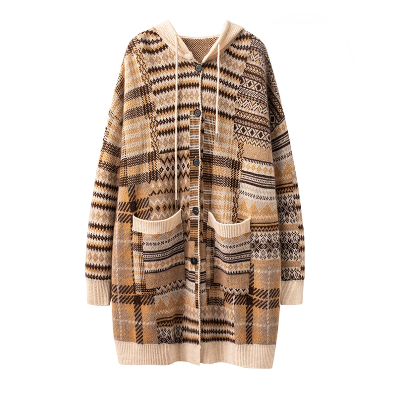 100纯山羊绒连帽宽松加厚秋冬冬季休闲韩版大衣外套针织